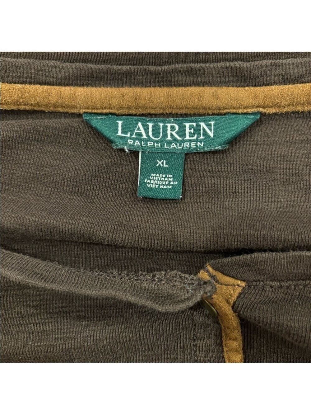 Y2K RALPH LAUREN BROWN HENLEY COTTON TEXTURED TOP W ULTRA SUEDE DETAIL LAGENLOOK - Picture 5 of 5